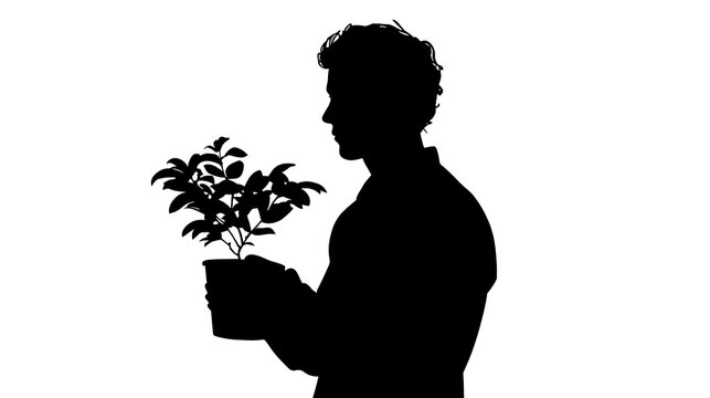 Silhouette of a man holding a potted plant. The man is facing left, and the plant has green leaves