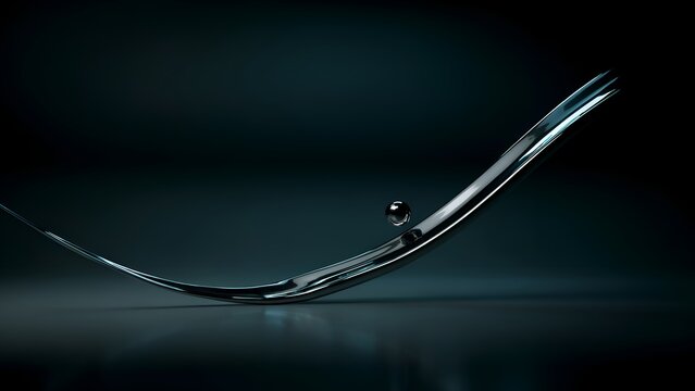 Curved metallic object with sphere 3d rendering against dark background