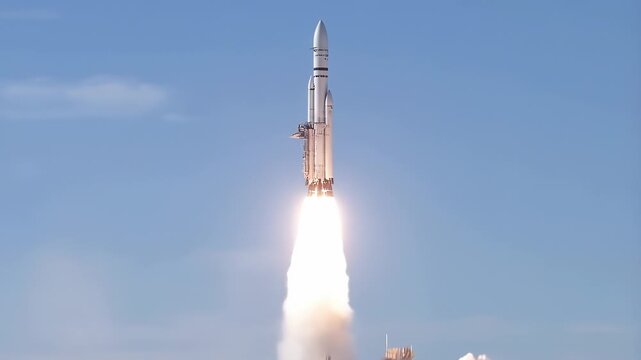 Rocket launching into space. Powerful spacecraft taking off from launch pad.