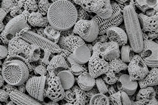 Microscopic diatom shells and sediment texture in closeup