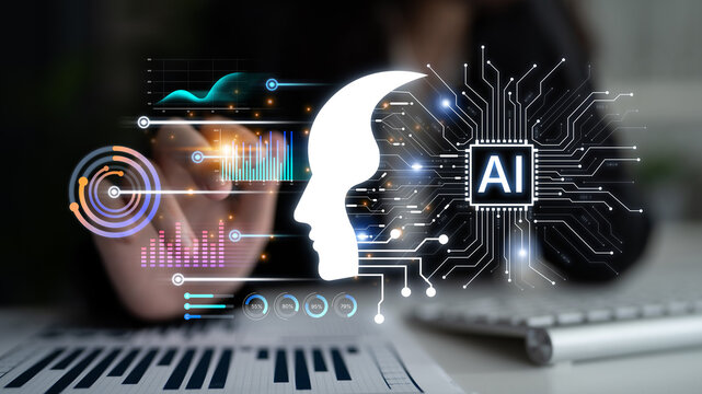 Human profile and AI circuit symbolize cognition, learning and data analytics, illustrating decision intelligence, forecasting and innovation for modern business and research. Corpus