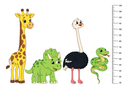 Kids height chart with cute animals. Children growth ruler with giraffe and dinosaur.