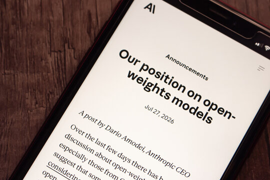 Mexico City, MEXICO - Aug 4 2026 : Close-up of a smartphone showing the Anthropic announcement Our position on open-weights models by CEO Dario Amodei, dated Jul 27, 2026.