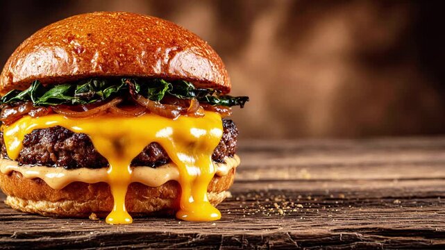 Gourmet cheeseburger with melted cheese and caramelized onions burger beef fast food sandwich food