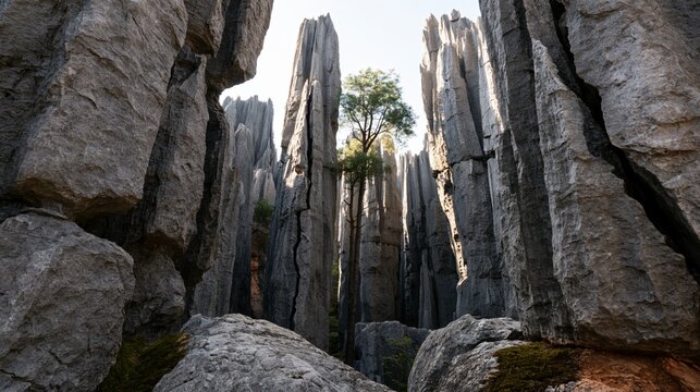 Stone Forest Limestone Pinnacles with Lone Tree