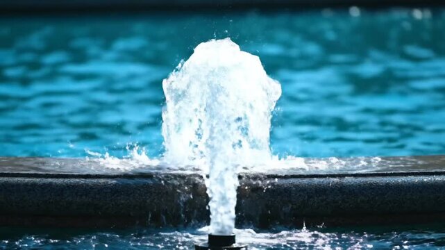 Small Water Fountain Displaying Water Spray and Bubbles Against a Clear Blue Water Surface Background
