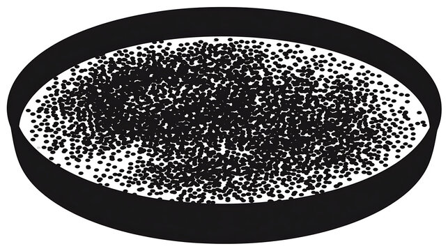 A Petri dish filled with numerous tiny black dots, possibly representing bacteria or cells, against a white background inside a black rim