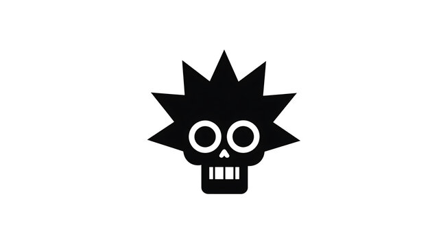 A minimalist black and white graphic featuring a stylized skull with an exploding starburst pattern around its head, symbolizing danger or a shock event