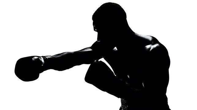 Silhouette of a boxer throwing a punch. The boxer is muscular and wearing boxing gloves