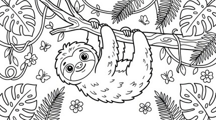 Fototapeta premium Cute sloth hanging on a tree branch. Coloring page for kids with jungle leaves and flowers.