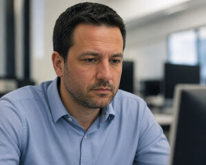 Fototapeta premium Focused professional analyzing data on dual monitors. Male office worker reviewing business analytics with intense concentration.