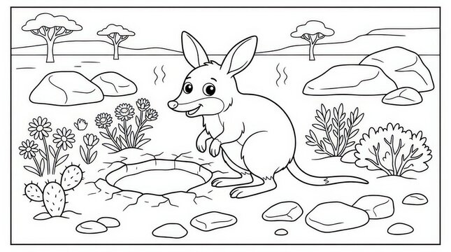 Cute bilby in the desert. Animal coloring page for kids with Australian wildlife.