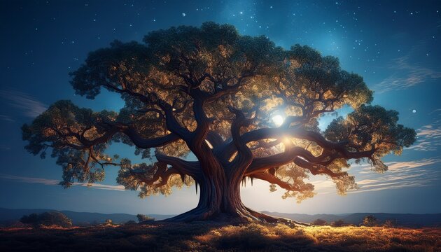 massive oak moonlight filtering through leaves branches big backdrop