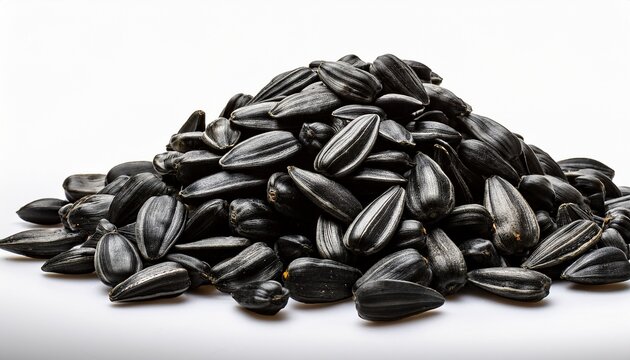 a large pile of black oil sunflower seeds against a pure white backdrop isolated image plant