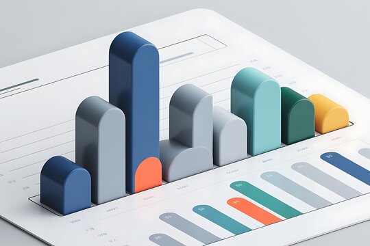 3D bar chart mockup for business analytics presentation. Modern data visualization template with colorful abstract infographic elements.