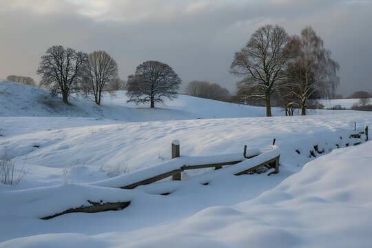 Serene winter countryside landscape with snow-covered fields and trees. Peaceful rural winter scene featuring untouched snow and overcast sky for c...