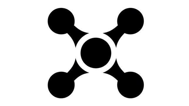 A minimalist black and white graphic symbol resembling a molecule or an abstract star shape, with a central circle and four radiating arms ending in circles