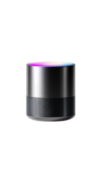 Floating cylindrical smart speaker with multicolor LED light ring and black mesh grille