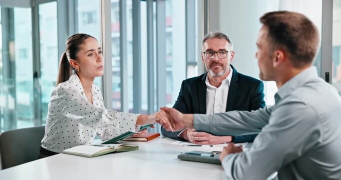 Shaking hands, interview and business people with tablet in office for HR and hiring opportunity. Conversation, meeting or recruitment with happy managers and candidate with tech, handshake or review