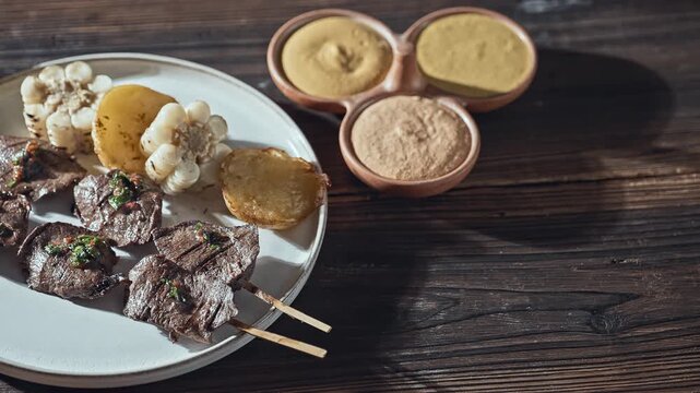 Authentic Peruvian Anticuchos Grilled Beef Heart Skewers with Corn and Potatoes
