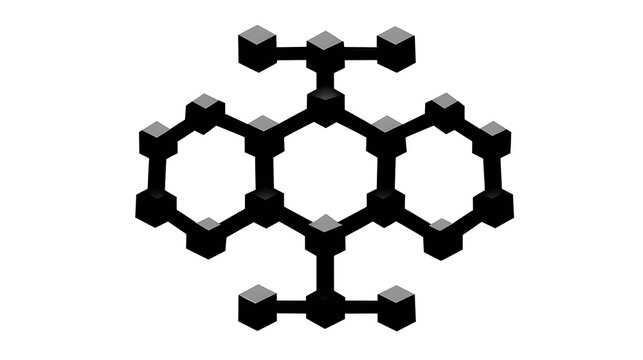 A black and white diagram illustrating a complex molecular structure with interconnected cubes, resembling a carbon allotrope or a structural formula