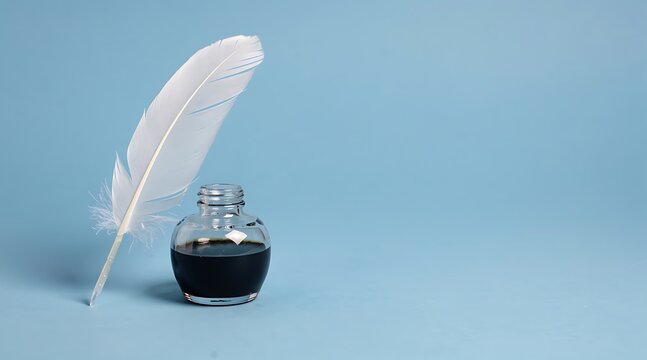 A white quill pen rests beside a small glass inkwell filled with dark ink on a plain blue background.
