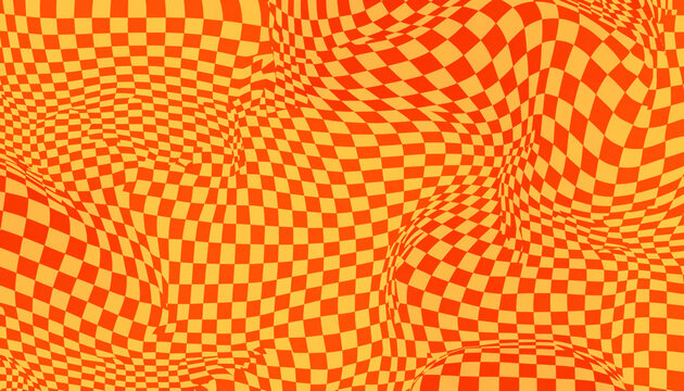 Orange and yellow checkered pattern. Wavy distorted checkerboard background design.