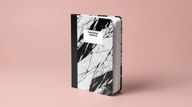 A closed composition notebook with a black and white marble pattern cover, standing upright on a soft pink background.