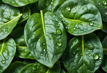 Fototapeta premium Fresh green spinach leaves with water droplets, healthy eating and organic food concept, close up macro view