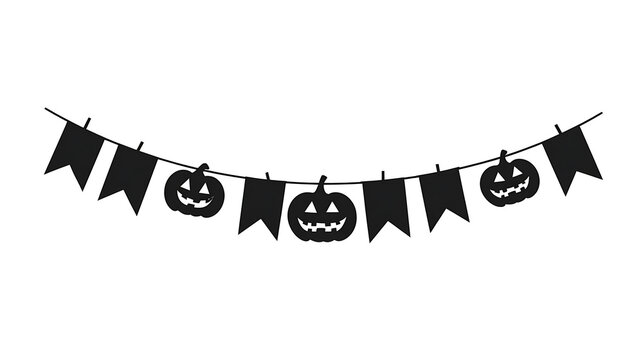 A string of Halloween-themed bunting with pumpkin and flag shapes in black silhouette against a white background