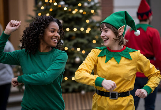 Two happy young women dancing outdoors with a Christmas tree in the background, holiday celebration and festive spirit, One woman wears a green shirt