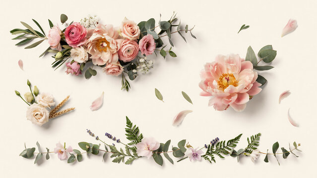 Pink peonies and roses with green eucalyptus leaves arrangement isolated on a transparent background