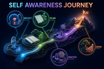 Fototapeta premium Self Awareness Journey Infographic - Detailed 3D Visual Guide Explaining Behavior change, goals, resilience and for Education, Presentations, Reports and Professional Training
