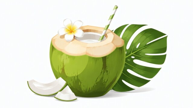 Fresh coconut drink with straw and tropical leaf in colorful flat vector style, premium commercial design, isolated on white background. Created with Generative AI.