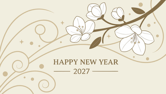 Elegant Happy New Year 2027 Background with Floral Line Art
