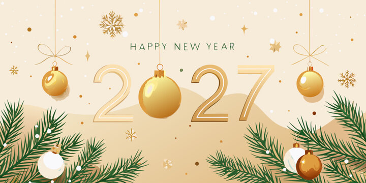 Happy New Year 2027 Festive Background with Golden Christmas Ornaments
