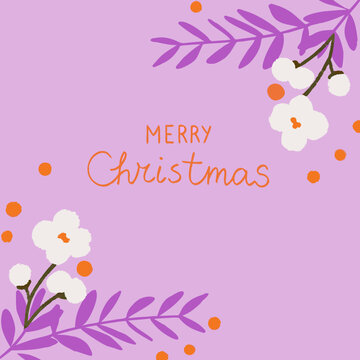 Merry Christmas Greeting Card with Floral Illustration on Purple Background