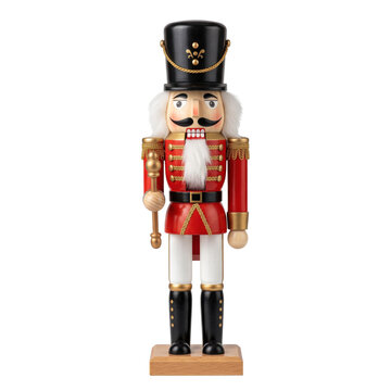 Decorative wooden nutcracker soldier figurine with standing square base on transparent background