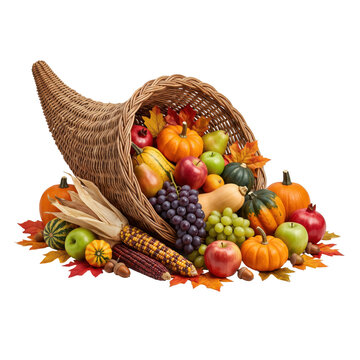 Abundant cornucopia filled with seasonal harvest fruits and vegetables on transparent background