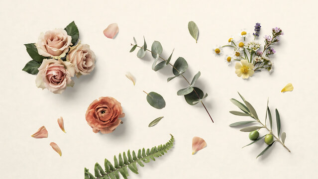 Pink roses, wildflowers, and green eucalyptus leaves arrangement isolated on a transparent background