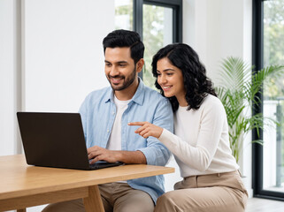 Fototapeta premium young indian couple collaborating on laptop at modern table for online banking financial planning insurance services remote work and digital lifestyle