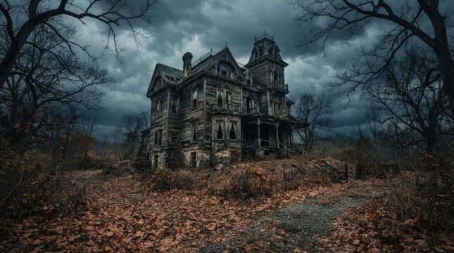 An eerie abandoned victorian mansion standing in a dark forest during a spooky halloween night with dramatic stormy clouds