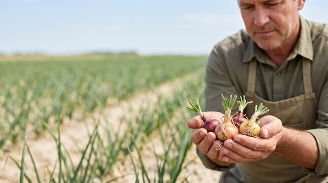 Farmer Inspecting Drought Damaged Onion Harvest