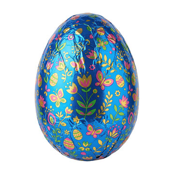 Blue foil wrapped chocolate easter egg with floral pattern on transparent background