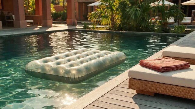 Inflatable mattress floating on luxury swimming pool at sunny resort water summer vacation relaxation leisure