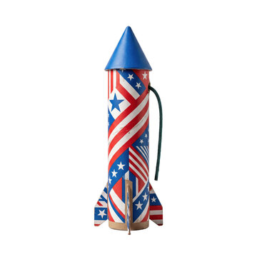 Patriotic wooden firework rocket toy isolated with stars stripes on transparent background