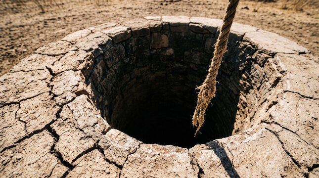 Dried up ancient stone well with cracked earth surroundings