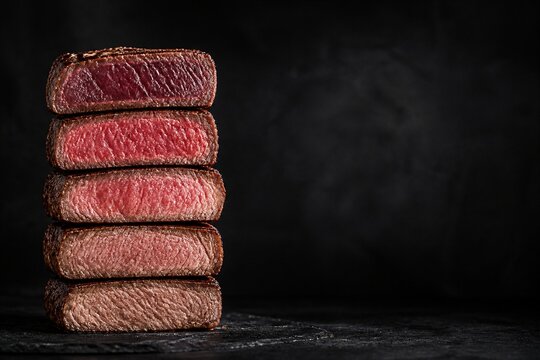 Sliced steak stacked showing medium rare doneness on dark surface
