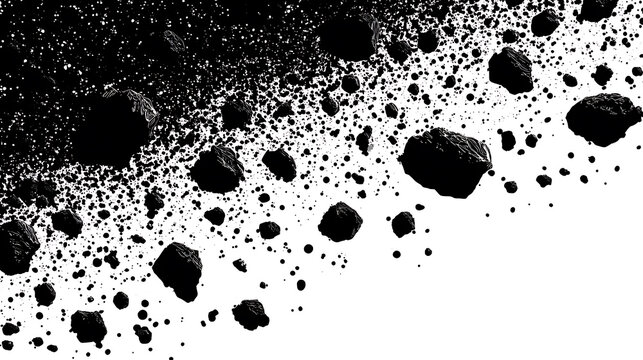 Scattered black particles and asteroids against a white background, suggesting an explosion or cosmic event