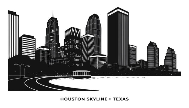 Very beautiful black and white realistic vector illustration of Houston skyline from Eleanor Tinsley Park, featuring a bold caption reading "HOUSTON SKYLINE &bull; TEXAS", dramatic skyscraper silhouettes, 